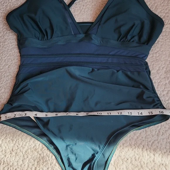 Women's Elegant Forest Green, Sheer Detail,Summer, Vacation, One-Piece Swimsuit - Picture 6 of 9